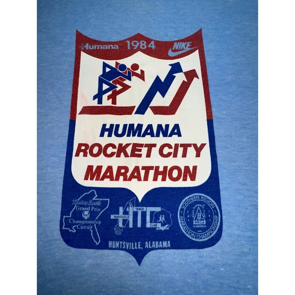 Vintage 1984 Nike Humana Rocket City Marathon Blue Graphic T-Shirt Mens M - Picture 7 of 9